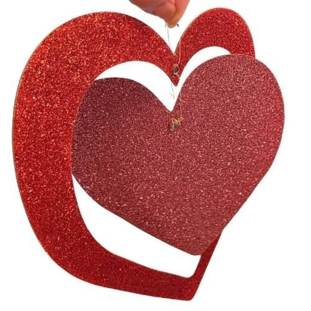 Vintage 90s 2 Glitter Hanging Hearts Valentines Day Decor Red Gold Pink 10x11in